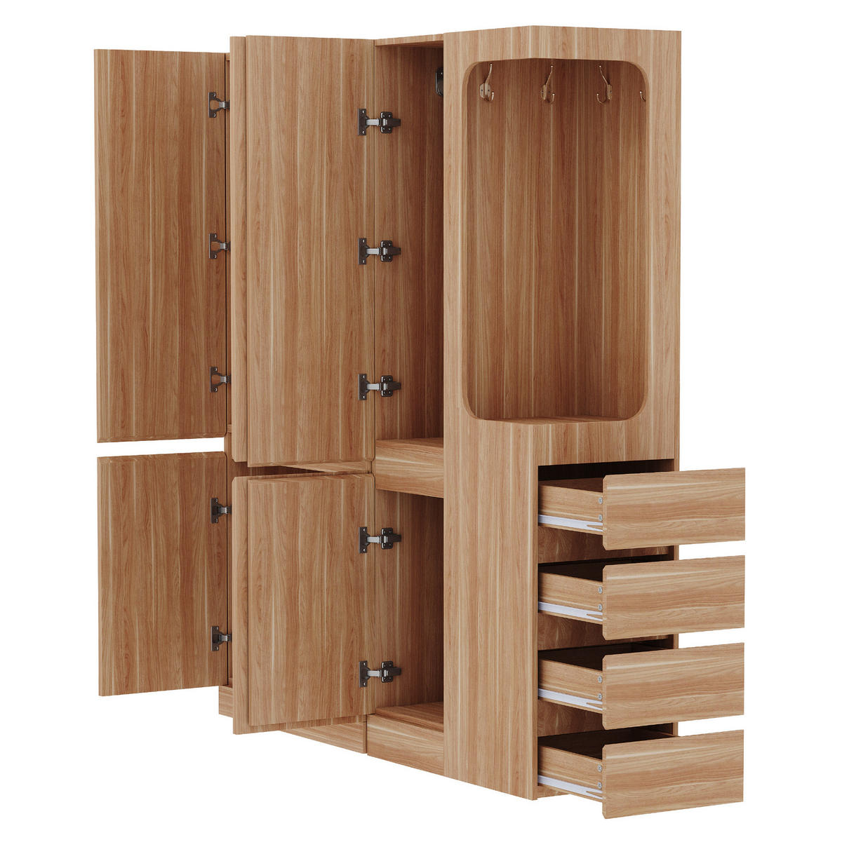 KLEIDERSCHRANK aus Kiefernholz, Sperrholz und MDF 162,5x40x170 cm Holzfarbe mit Schubladen, Staufächern und offenem Hängebereich - Nussbaumfarben, Holzwerkstoff (162.5/170/40cm) - Modfu