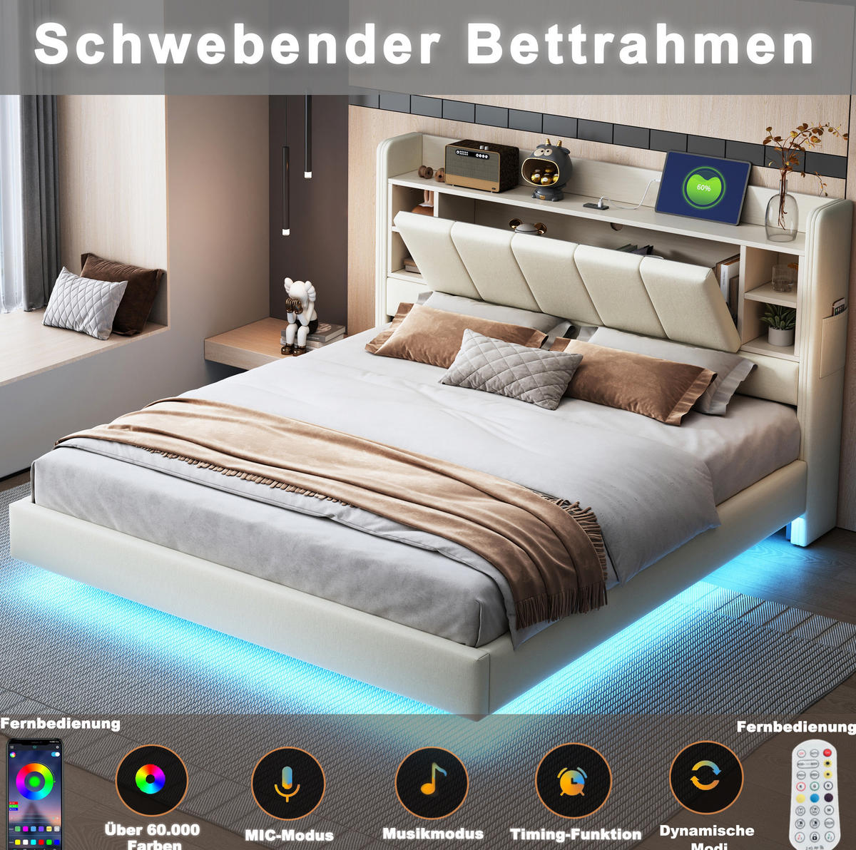 ČALÚNENÁ posteľ z preglejky, MDF a ľanovej tkaniny 160x200 cm béžová s LED osvetlením, USB a úložným čelom - béžová, textil (160/200cm) - Modfu
