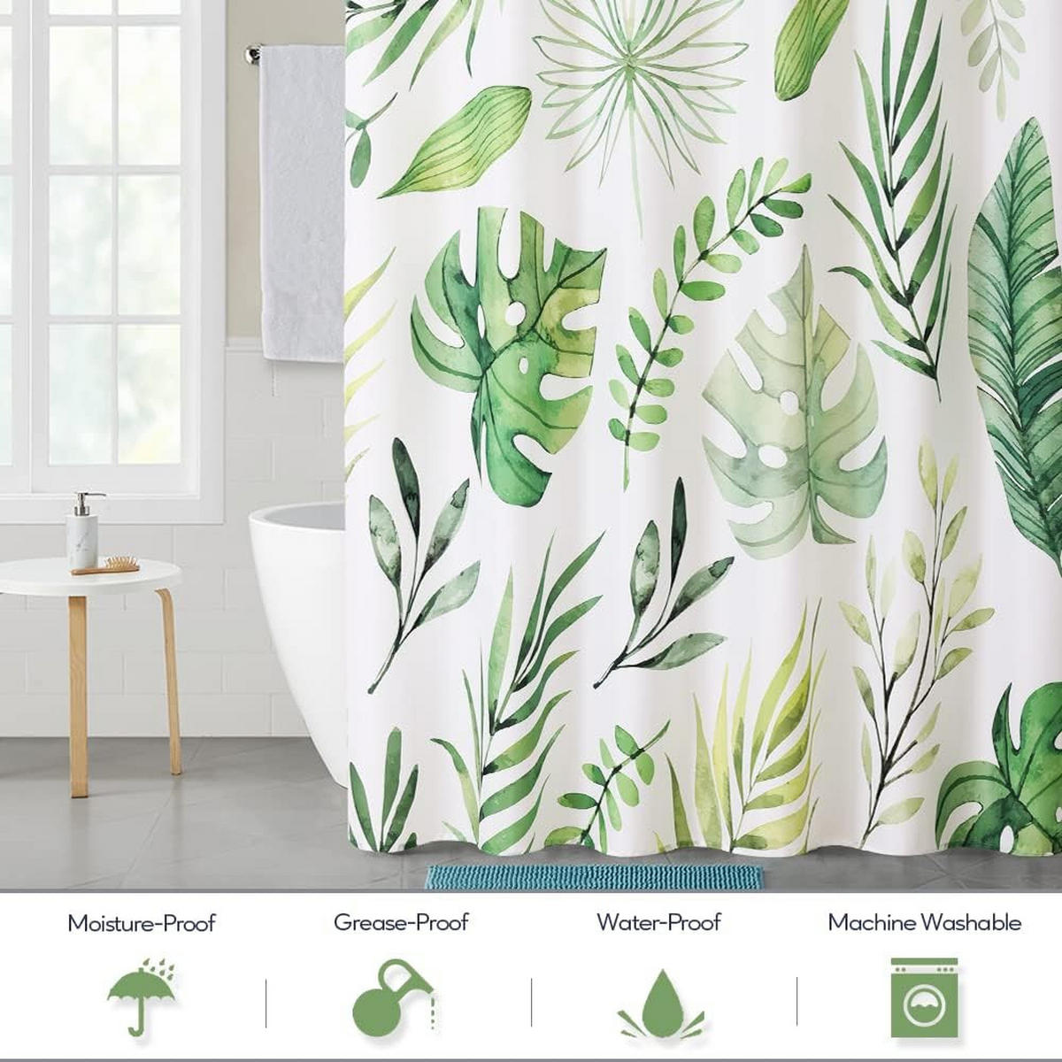 DUSCHVORHANG Blätter Grün Polyester Schnell Trocknend Wasserabweisend mit Haken - Grün, Kunststoff (180/200cm) - MCBOSON