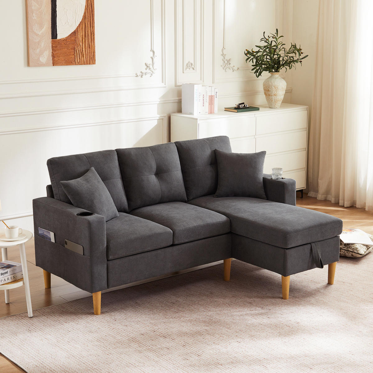 ECKSOFA 175/129/90 cm dunkelgrau aus Baumwoll-Leinen mit Stauraum - Dunkelgrau, Textil (175/129cm) - OKWISH