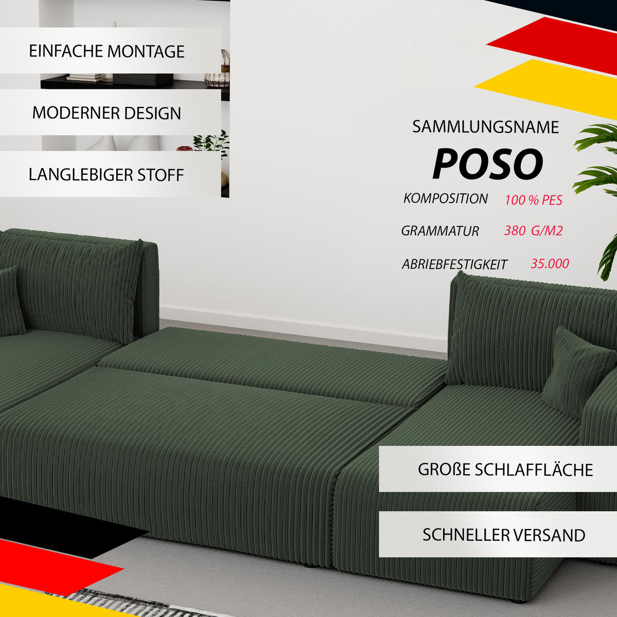 WOHNLANDSCHAFT mit Schlaffunktion und Bettkasten, Grün - Schwarz/Grün, Kunststoff/Textil (318/79/145cm) - Idohome