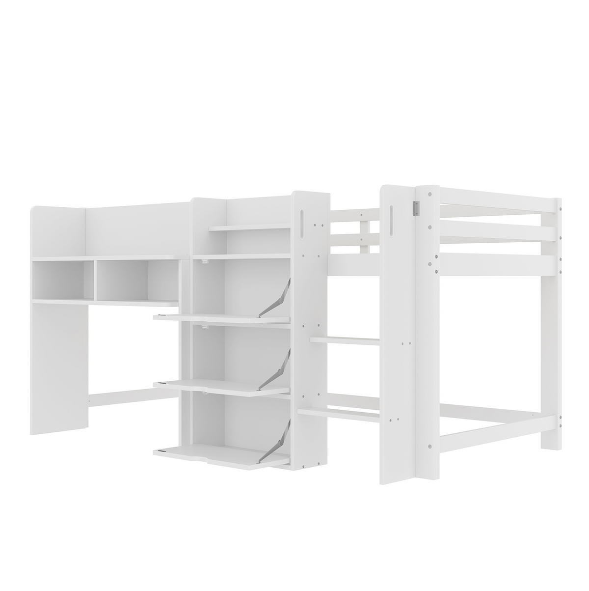 HALBHOHES BETT 90/200 cm, Weiß mit Stauraum und Regalen - Weiß, Holz (90/200cm) - MIVRAY