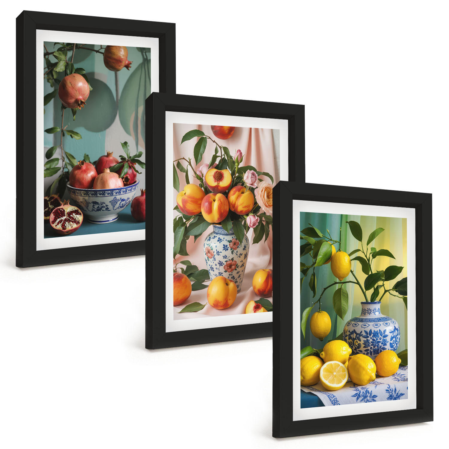 BILDER SET 3er Set - 20x30 cm Schwarzer Rahmen - Granatäpfel, Pfirsiche, Zitronen - Schwarz, Kunststoff (20/30cm) - TULUP