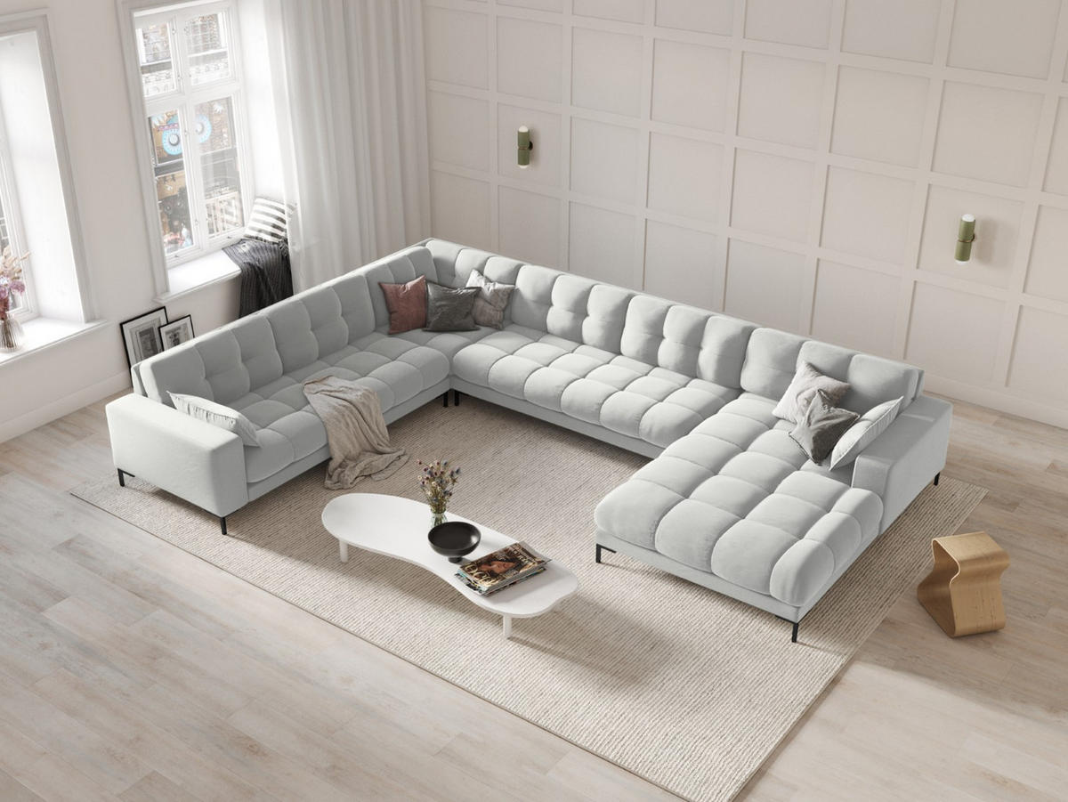 PANORAMASOFA links Mamaia aus Samt silber 7 Sitzplätze - Silberfarben, Textil (256/75/327cm) - Micadoni