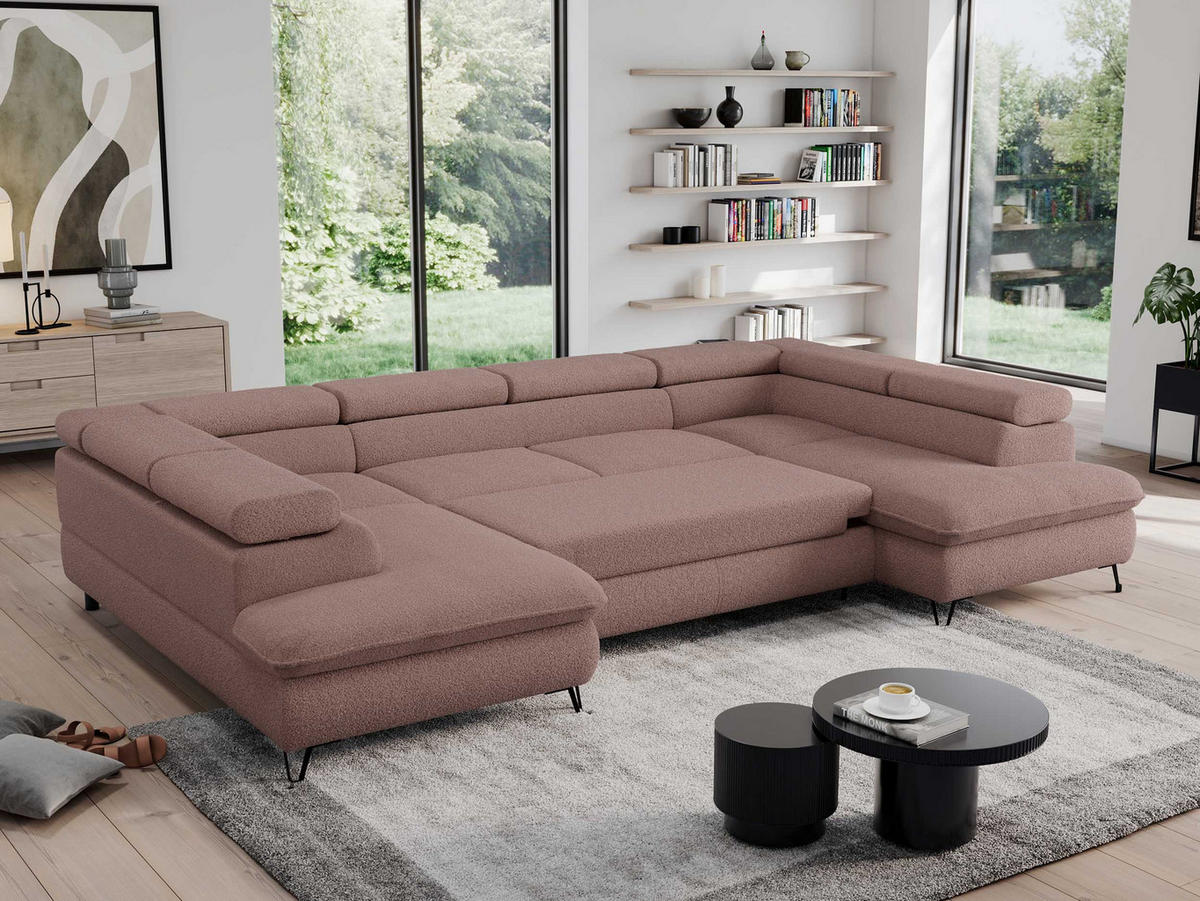 WOHNLANDSCHAFT PEDRO U Boucle Rosa - Schwarz/Rosa, Textil/Metall (346/76/208cm) - MKS