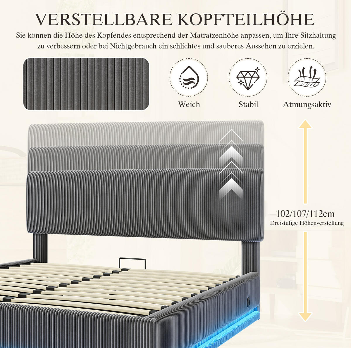 POLSTERBETT mit LED und USB-C 140x200 cm Cord Dark Grey - Dunkelgrau, Metall (140/200cm) - Meubliv