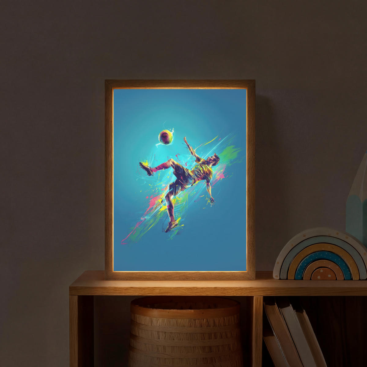 NACHTTISCHLAMPE MIT AKKU Fußballer - Farbspritzer - Farbenfroh - Ball 30x40 cm - Blau, Holzwerkstoff (8/30/40cm) - OnlyWow