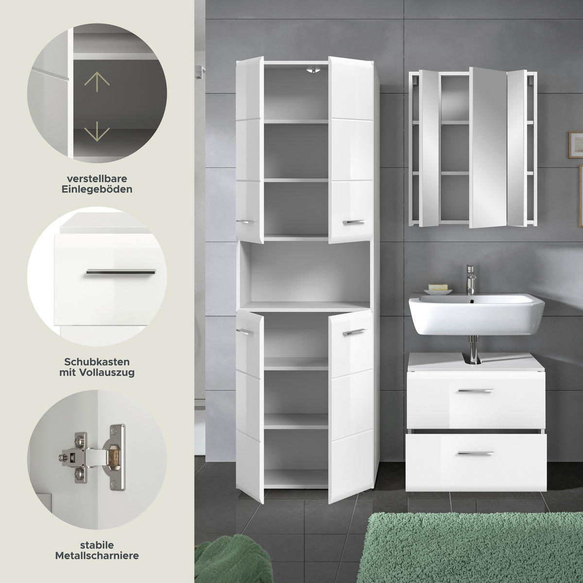 BADKOMBINATION Ice 135x185x30 cm weiß Hochglanz MDF 3tlg. - Weiß, Holz (135/185/30cm)