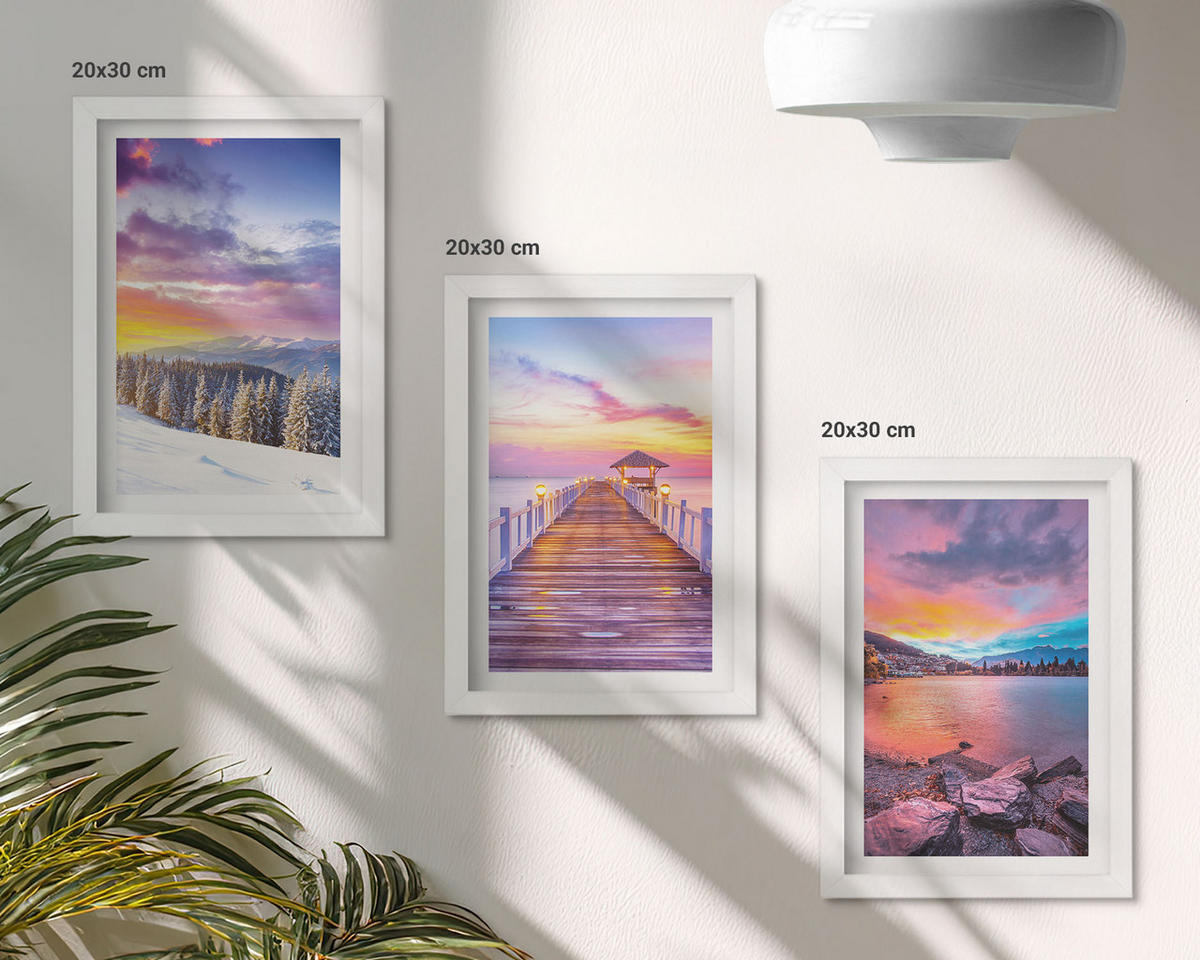 WANDBILDER 3er-Set - 20x30 cm Weißer Rahmen - Winterliche Bergseelandschaft - Weiß, Kunststoff (20/30cm) - ArtPrintCave