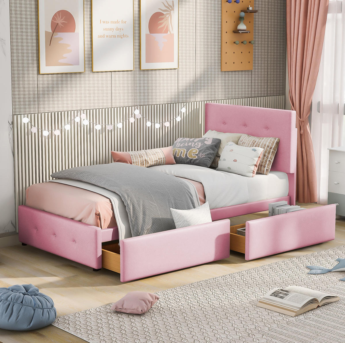 KINDEREINZELBETTEN aus Samt 90x200 cm in Rosa mit Schublade - Rosa, Textil (90/200cm) - Modfu