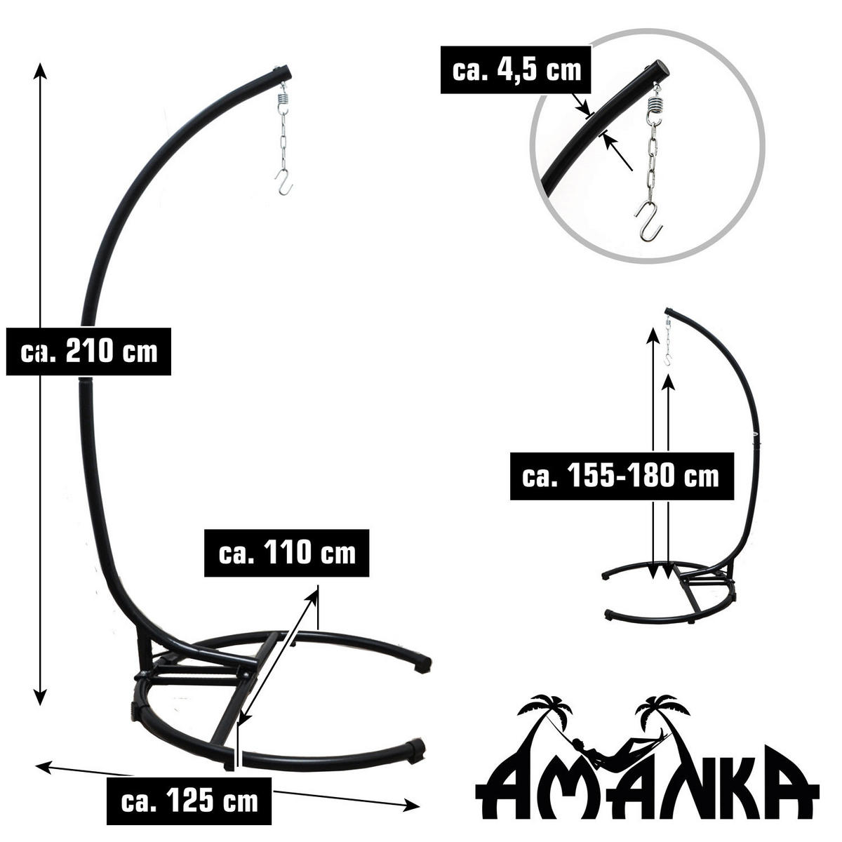 XL-HÄNGESESSEL-GESTELL bis 150kg, 215cm, Schwarz - Schwarz, Metall (125/110/210cm) - Amanka