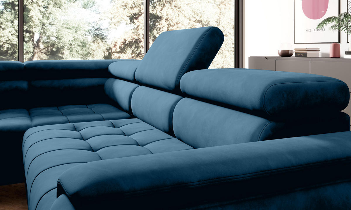 ECKSOFA CHIVAS Freistehend , Schlaffunktion, 278×197×76/98 cm, Stoff - Element, Königsblau, Rechts Seite - Schwarz/Dunkelblau, Holz/Textil (197/278cm) - DomoHome