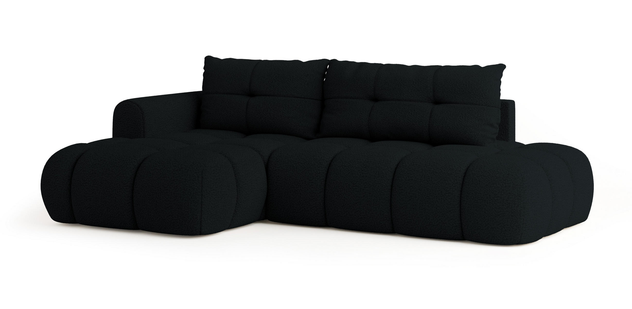 ECKSOFA FLUMA L-S Schwarz Boucle-Stoff mit Schlaffunktion - Schwarz, Holz (279/158cm) - MASSENO
