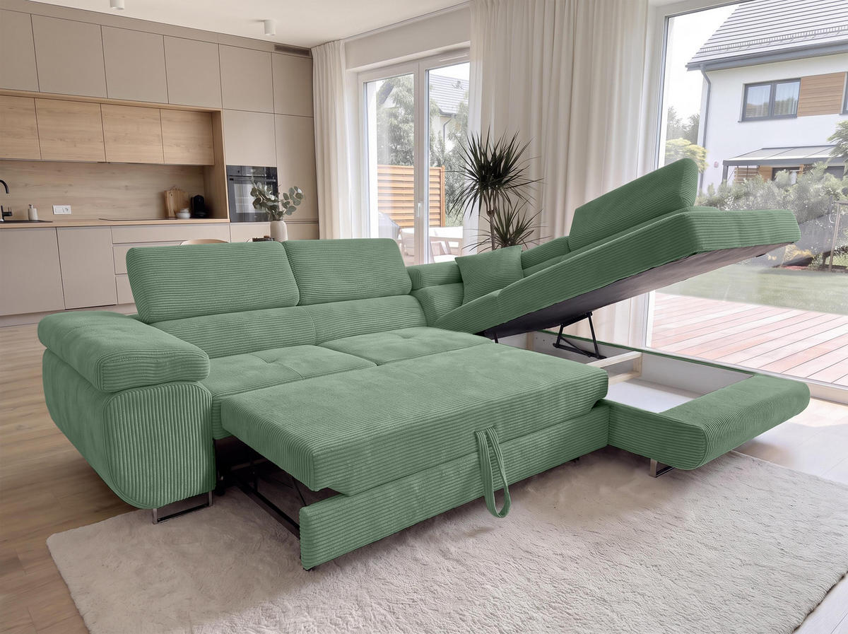 ECKSOFA L Form Konak Salbeigrün 276/201/90 cm Rechts mit Schlaffunktion - Salbeigrün/Silberfarben, Textil/Metall (276/203cm) - AX Living