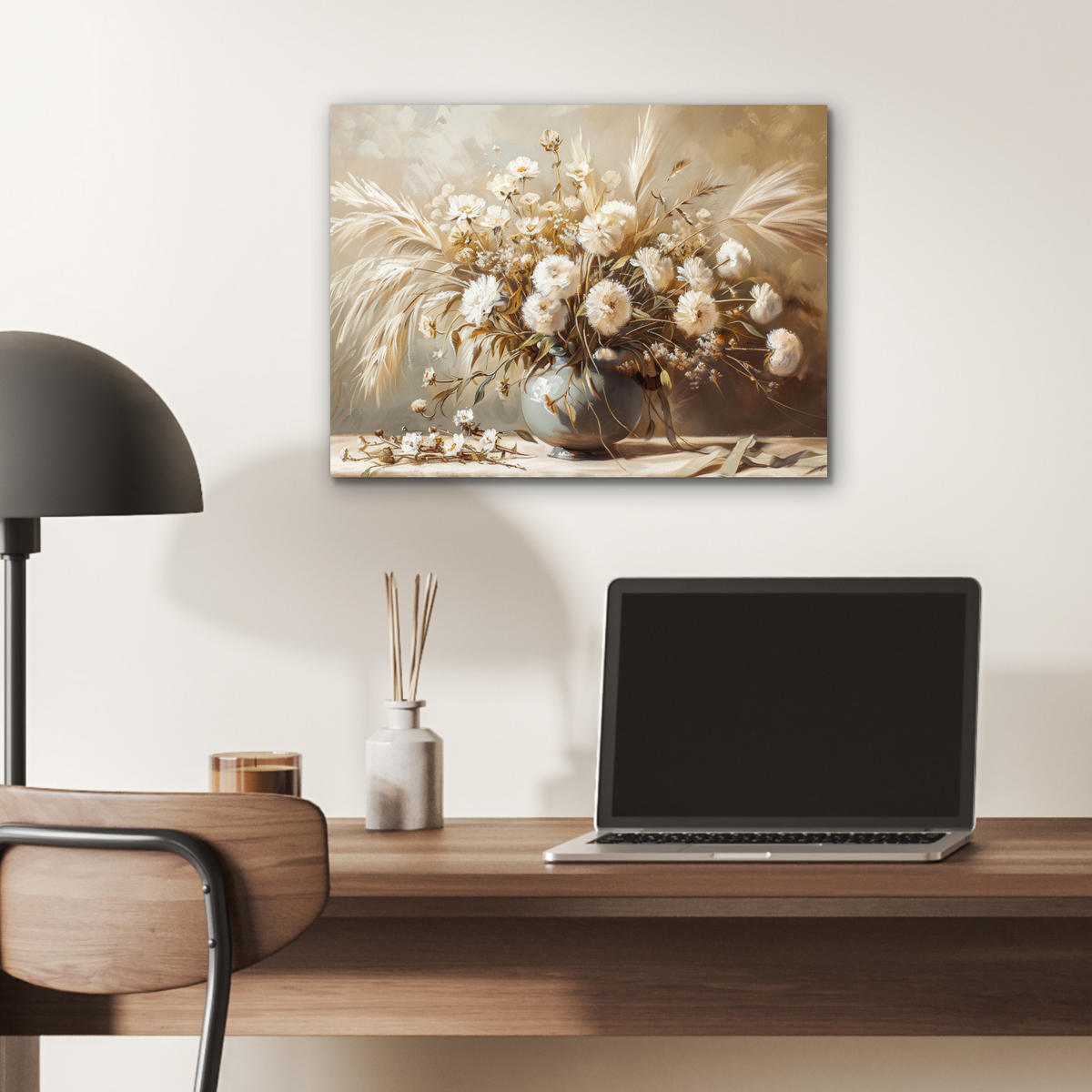 KOVOVÝ OBRAZ Kvety - Váza - Zátišie - Béžová 40x30 cm - krémová, kov (40/30cm) - MuchoWow