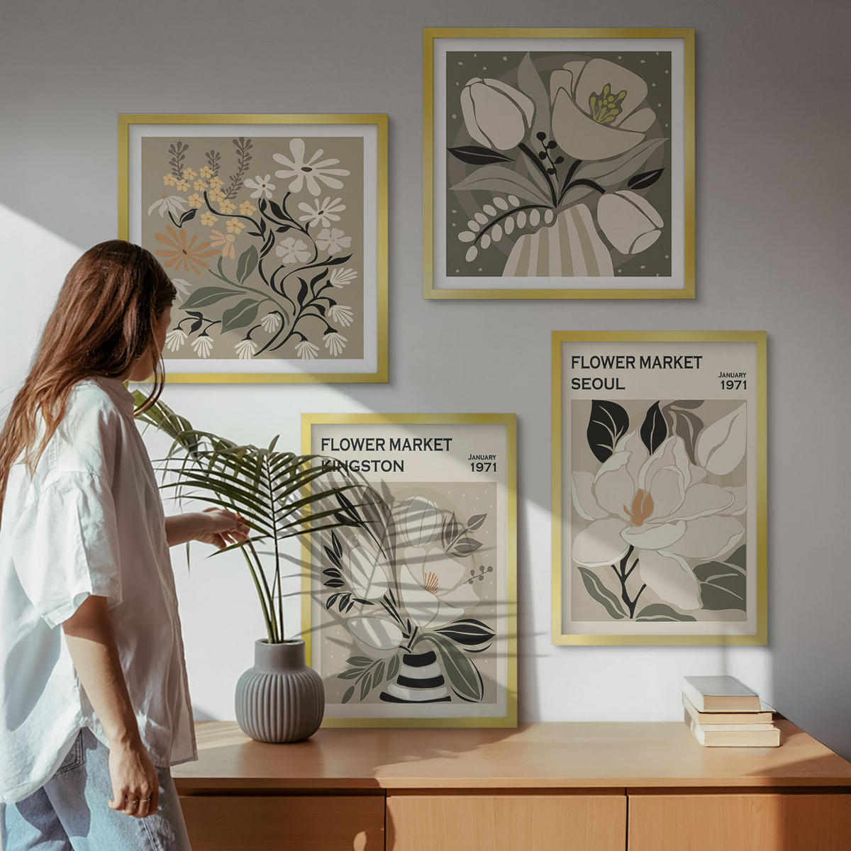 WANDBILDER 4er Set - 50x50 cm & 40x60 cm Goldrahmen - Kingston Seoul Retro-Blumen - Goldfarben, Kunststoff (50/50cm) - ArtPrintCave