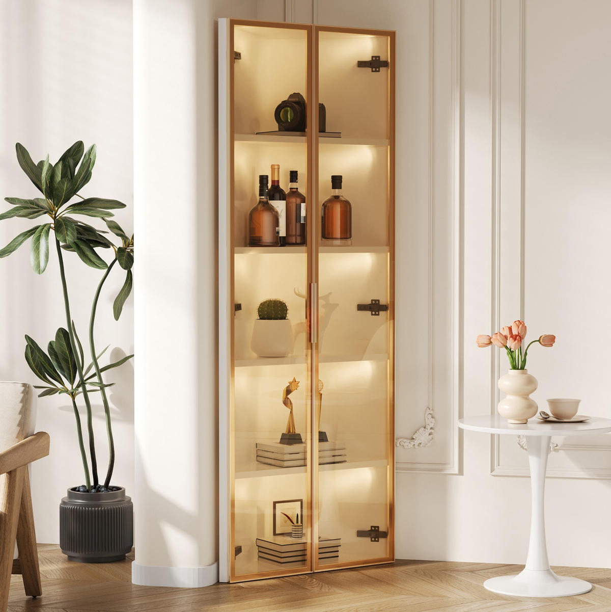 HIGHBOARD 62/35/160 cm in Weiß mit LED-Beleuchtung und Sicherheitsglas - Weiß, Holzwerkstoff (62/160/35cm) - Flora Grace