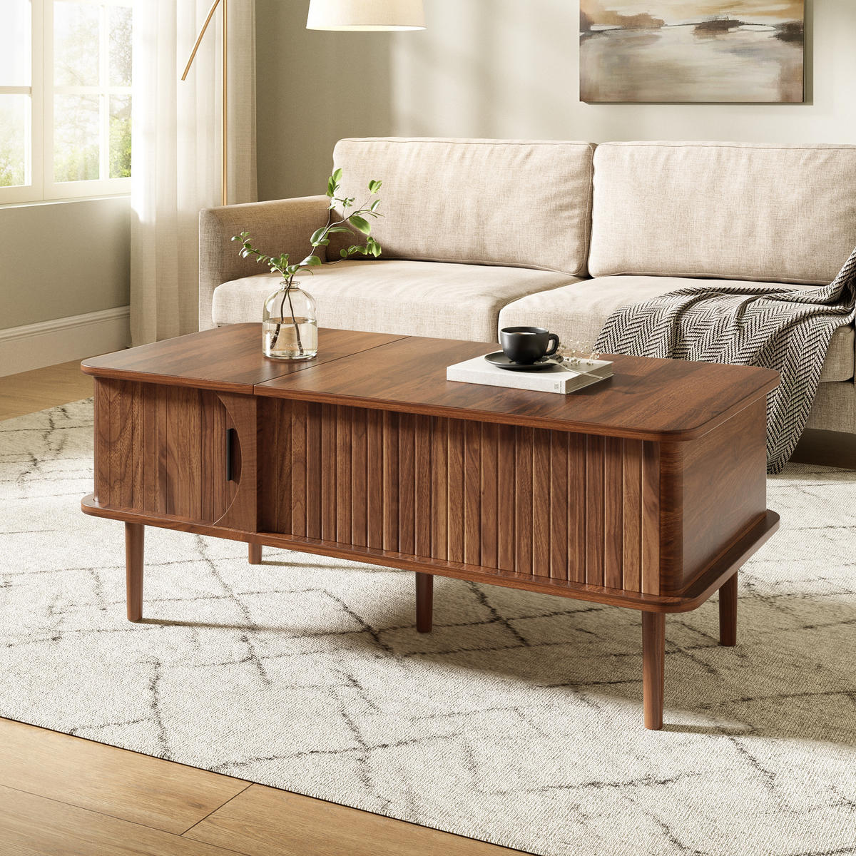 COUCHTISCH Retro Walnuss höhenverstellbar Rillen modern - Walnussfarben, Holzwerkstoff (100/48/55.5cm) - FLIEKS