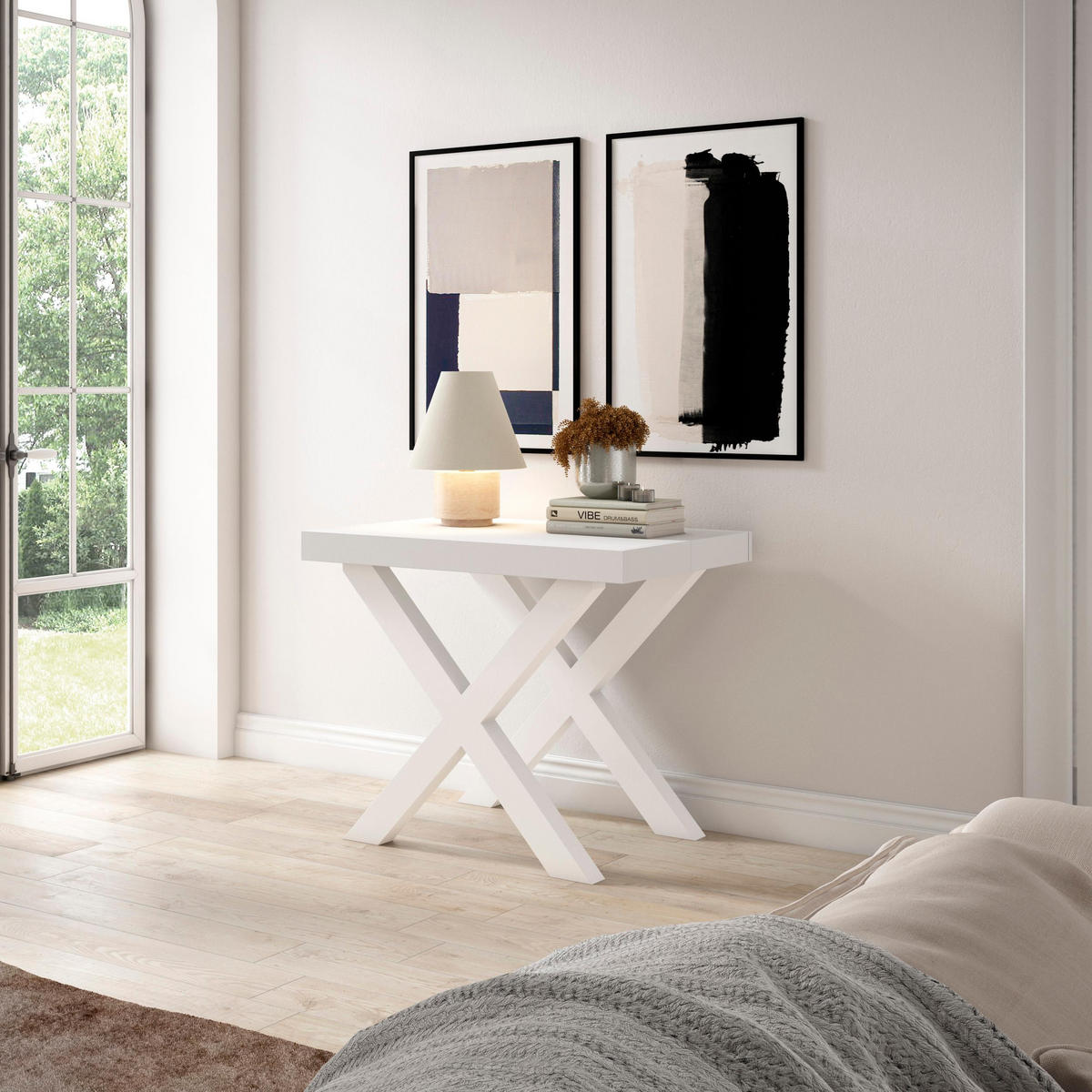 KONSOLENTISCH ausziehbar 58 bis 222cm, für 10 Gäste, weiß, 90/58/73cm - Weiß, Holzwerkstoff (90/222/73cm) - Skraut Home