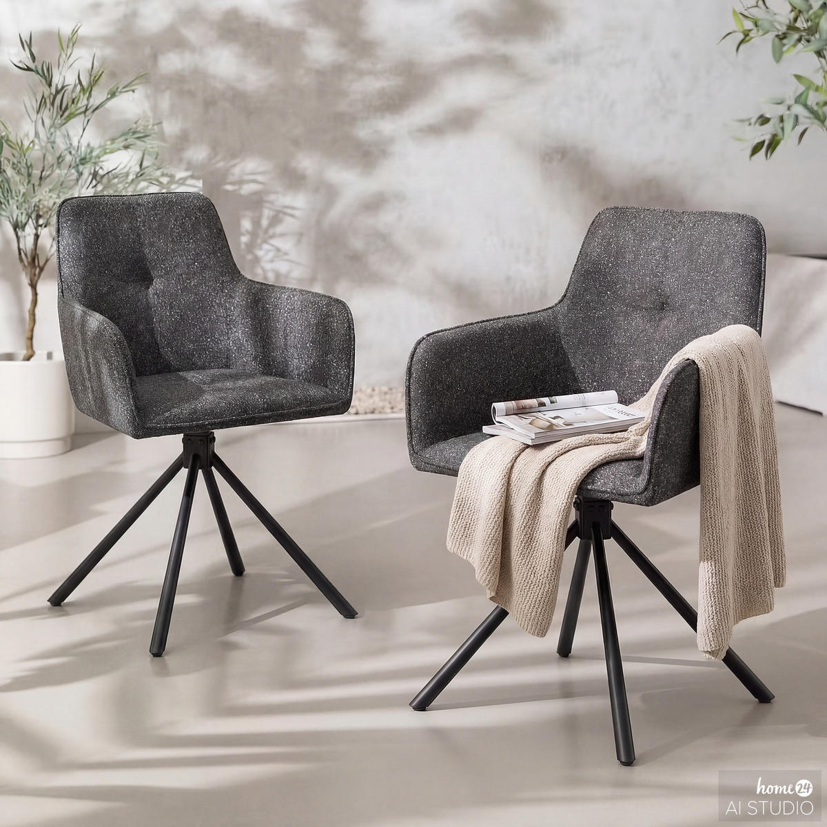 GARTENSTUHL - 2er-Set - Stahl - Schwarz / Grau - Schwarz/Grau, Textil/Metall (61/86/61cm) - home24