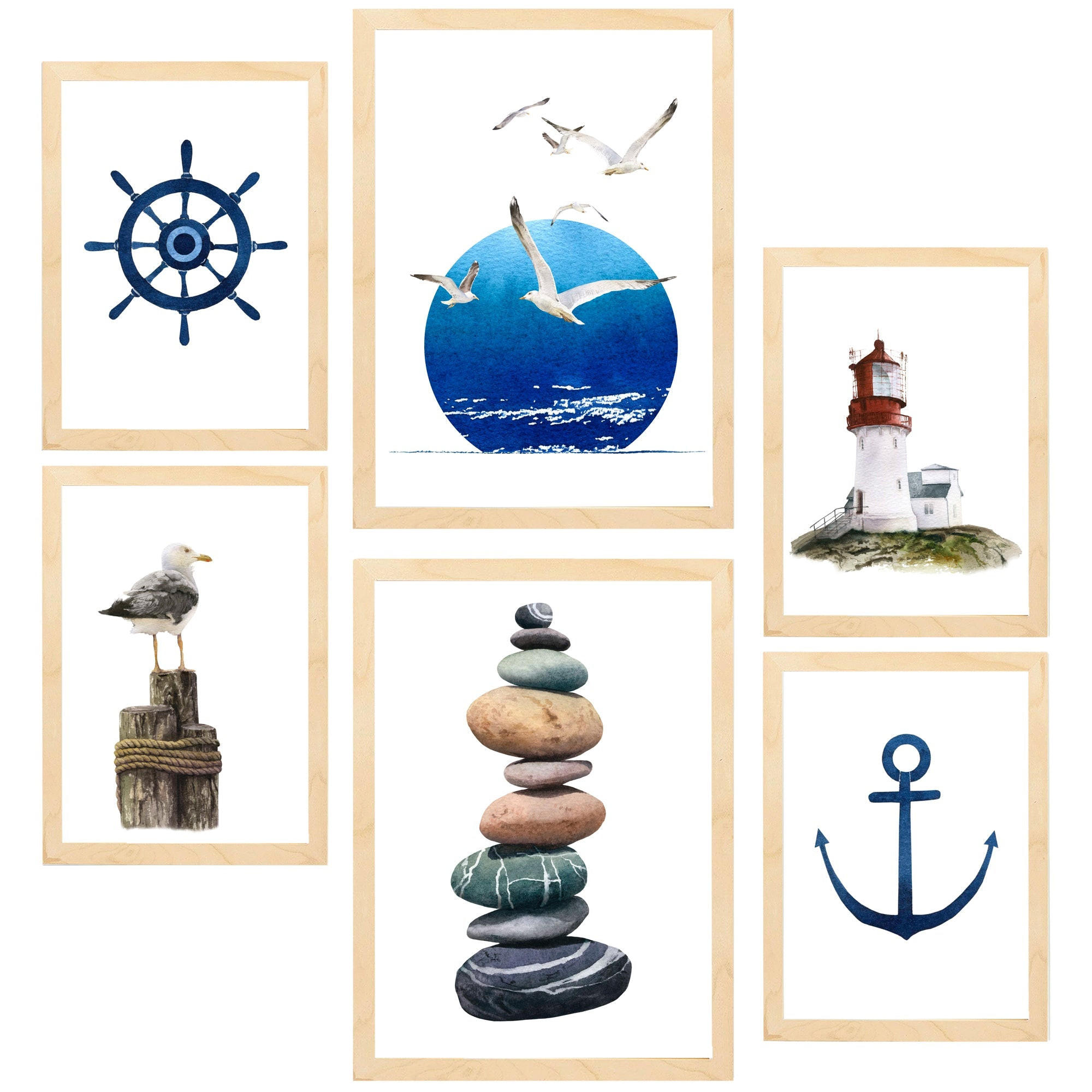 POSTER Set Mit 6 Meereskomposition A3 & A4 Rahmen Aus Hellem Holz - Beige, Papier (29/3cm) - Nacnic