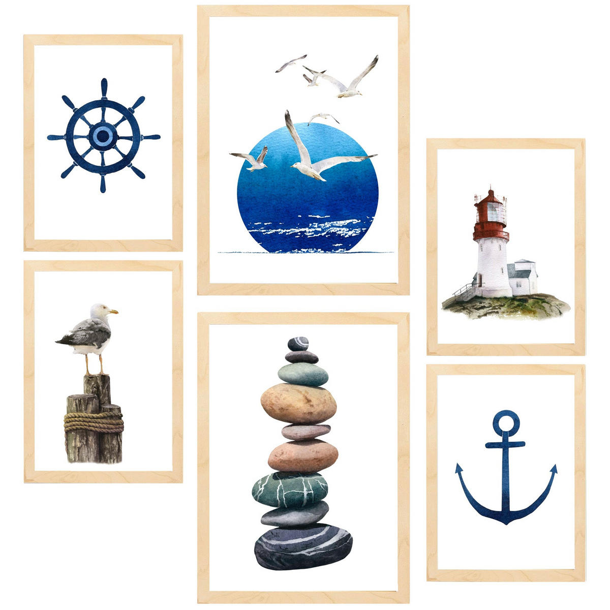 POSTER Set Mit 6 Meereskomposition A3 & A4 Rahmen Aus Hellem Holz - Beige, Papier (29/3cm) - Nacnic
