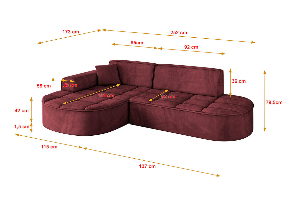 ECKSOFA Ottomane Links LIVO-L1 - 252x173x79,5 cm Bordeauxrot - Bordeaux, Holzwerkstoff/Textil (252/173cm) - ALTDECOR