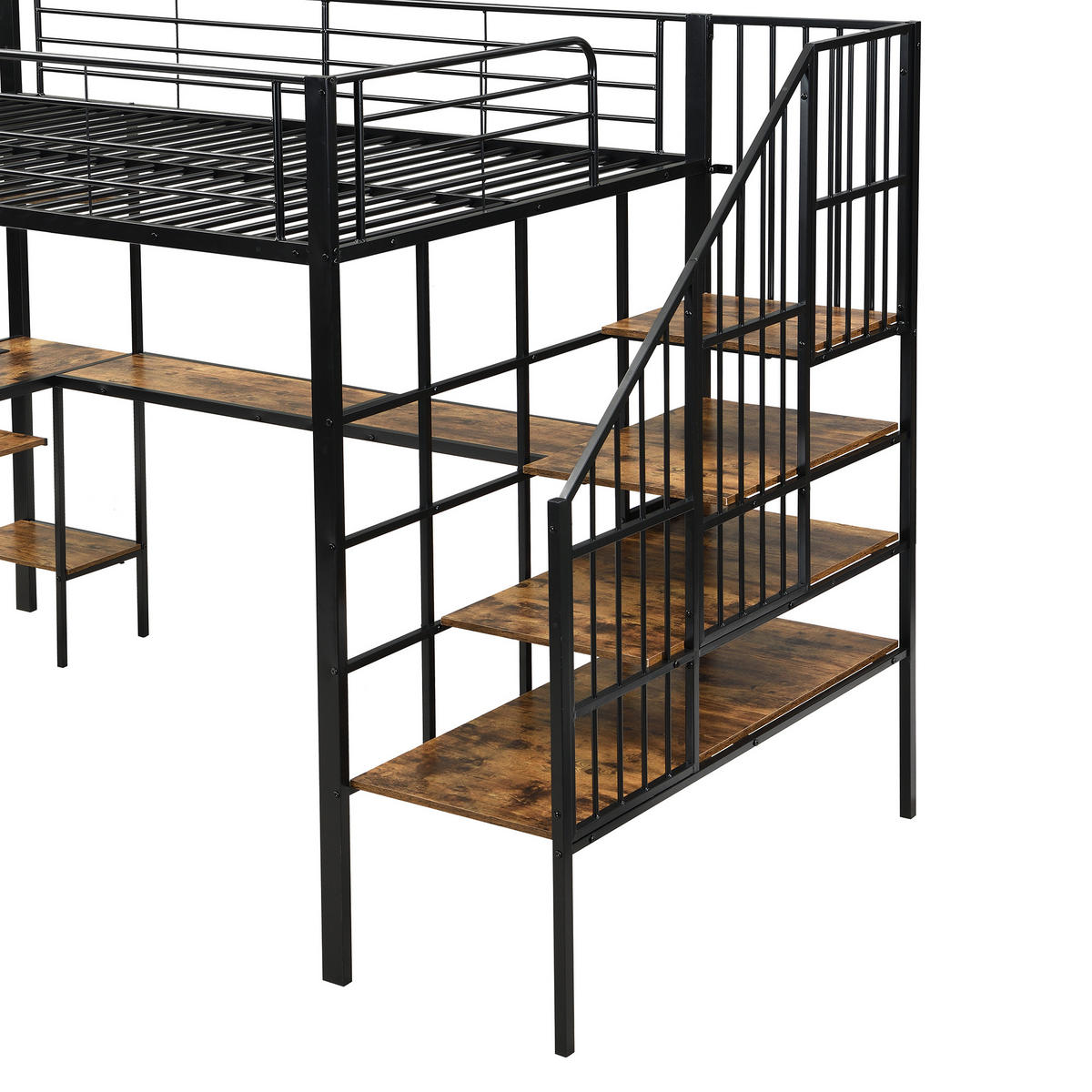 HOCHBETT 120/200 cm in Schwarz & Dunkelwalnuss mit Ladeanschluss, Ecktreppe und Schreibtisch - Schwarz, Holzwerkstoff/Metall (120/200cm) - CHICFURN