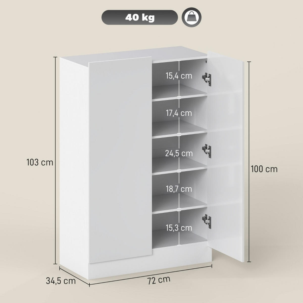 SCHUHSCHRANK DE-38033 72/34,5/103 cm mit Soft-Close-Scharnieren Weiß - Weiß, Holzwerkstoff (72/103/34.5cm) - ComfortXL