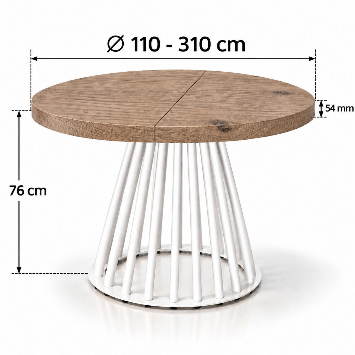 ESSTISCH rund ausziehbar 110/310/76 cm, Eiche Halifax Egger, 54 cm Tischplatte + Lamellen-Metallgestell Weiß - Eichefarben/Graubraun, Holzwerkstoff/Metall (110/310/76cm) - Damale Möbel