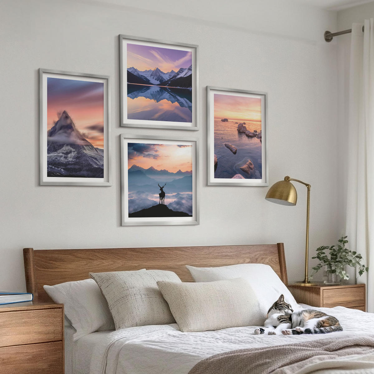 WANDBILDER 4er Set - 50x50 cm & 40x60 cm Silberner Rahmen - Landschaften Berge Seen jelen - Silberfarben, Kunststoff (50/50cm) - ArtPrintCave