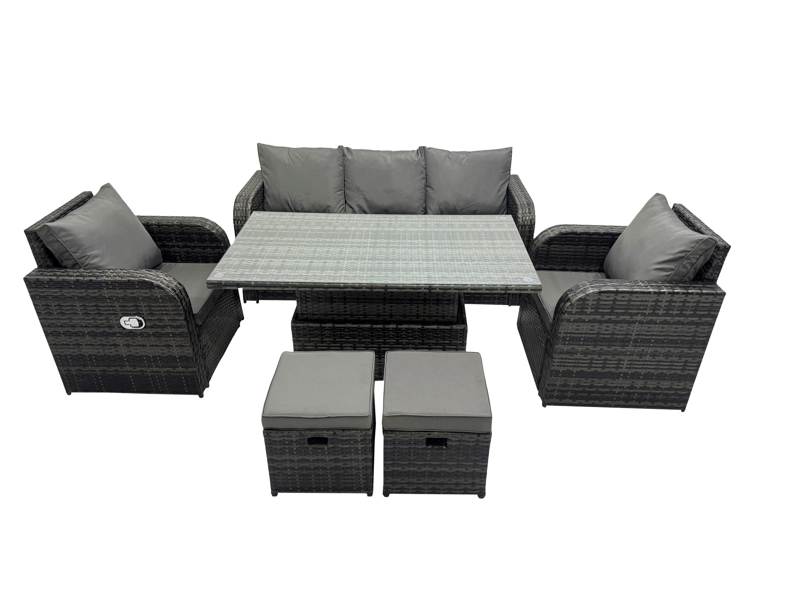 GARTENMÖBELSET mit Höhenverstellbarer Esstisch Polyrattan 7-Sitzer Grau - Dunkelgrau/Grau, Glas/Kunststoff - Fimous