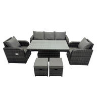 GARTENMÖBELSET mit Höhenverstellbarer Esstisch Polyrattan 7-Sitzer Grau - Dunkelgrau/Grau, Glas/Kunststoff - Fimous