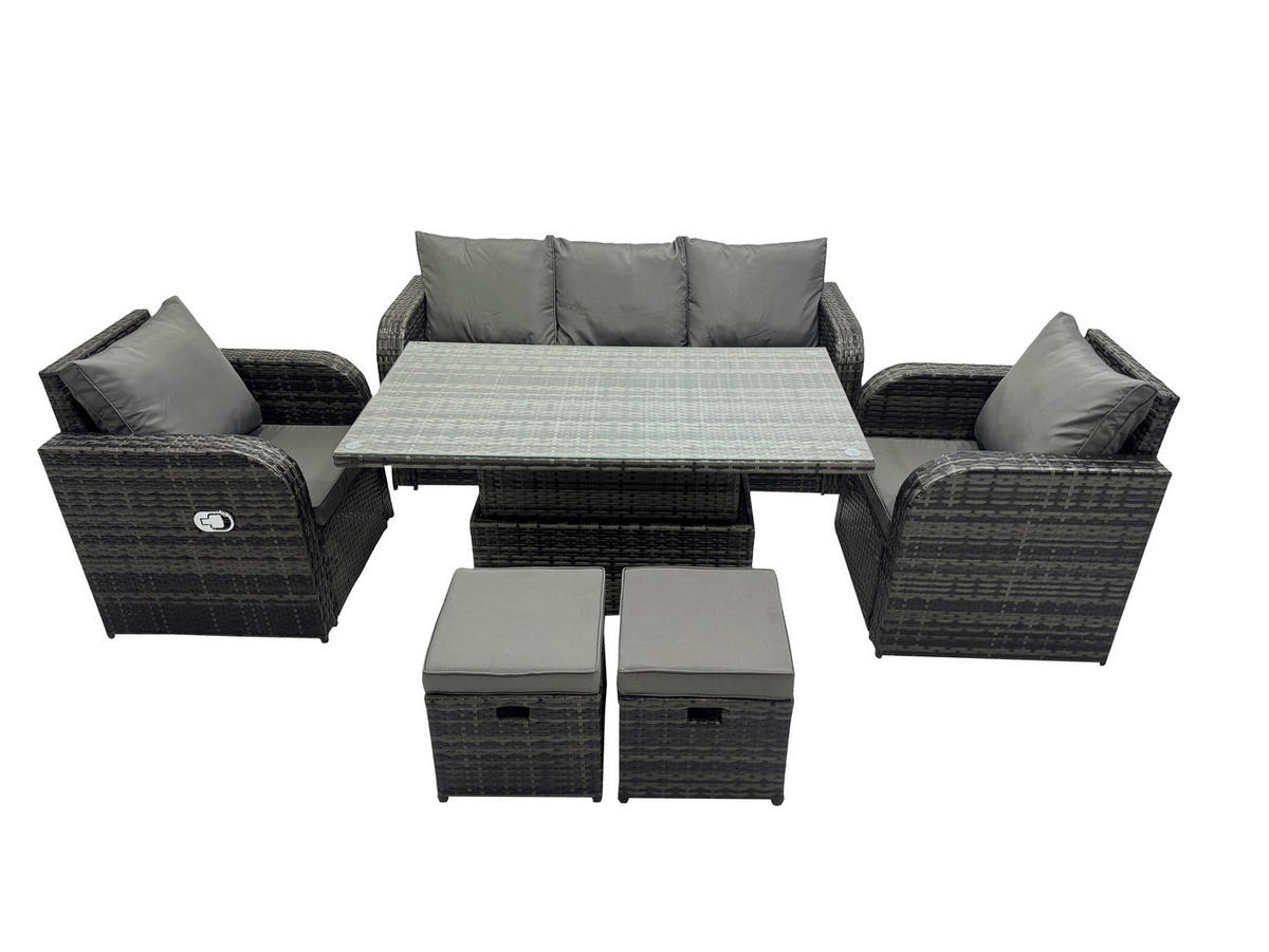 GARTENMÖBELSET mit Höhenverstellbarer Esstisch Polyrattan 7-Sitzer Grau - Dunkelgrau/Grau, Glas/Kunststoff - Fimous