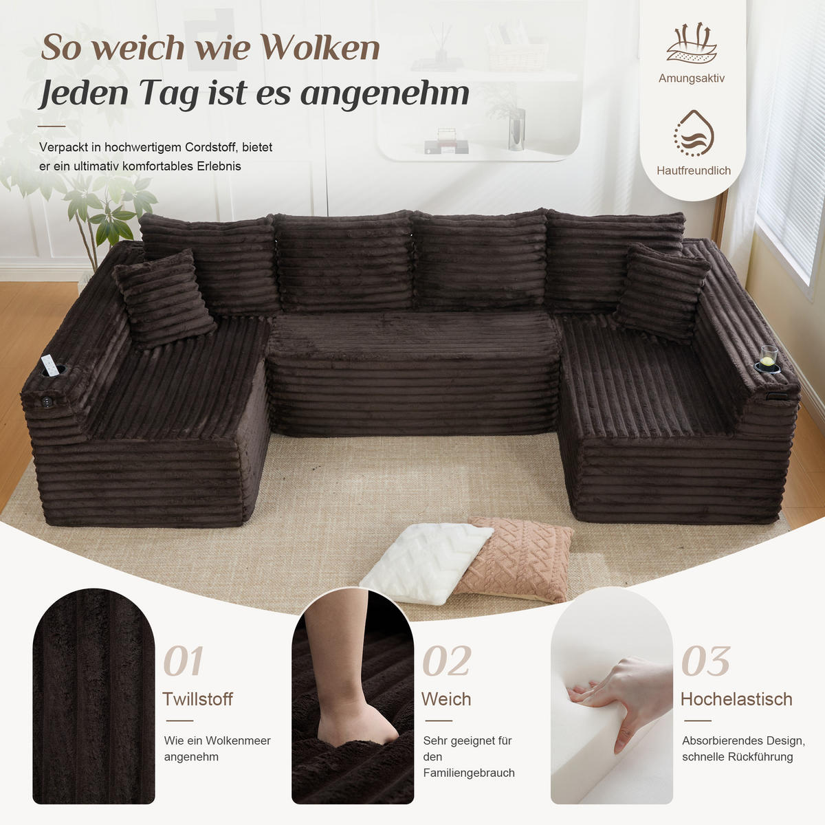 WOHNLANDSCHAFT 320/155/88 cm Braun mit Getränkehalter und Seitentasche - Braun, Textil (320/88/155cm) - Oxeza