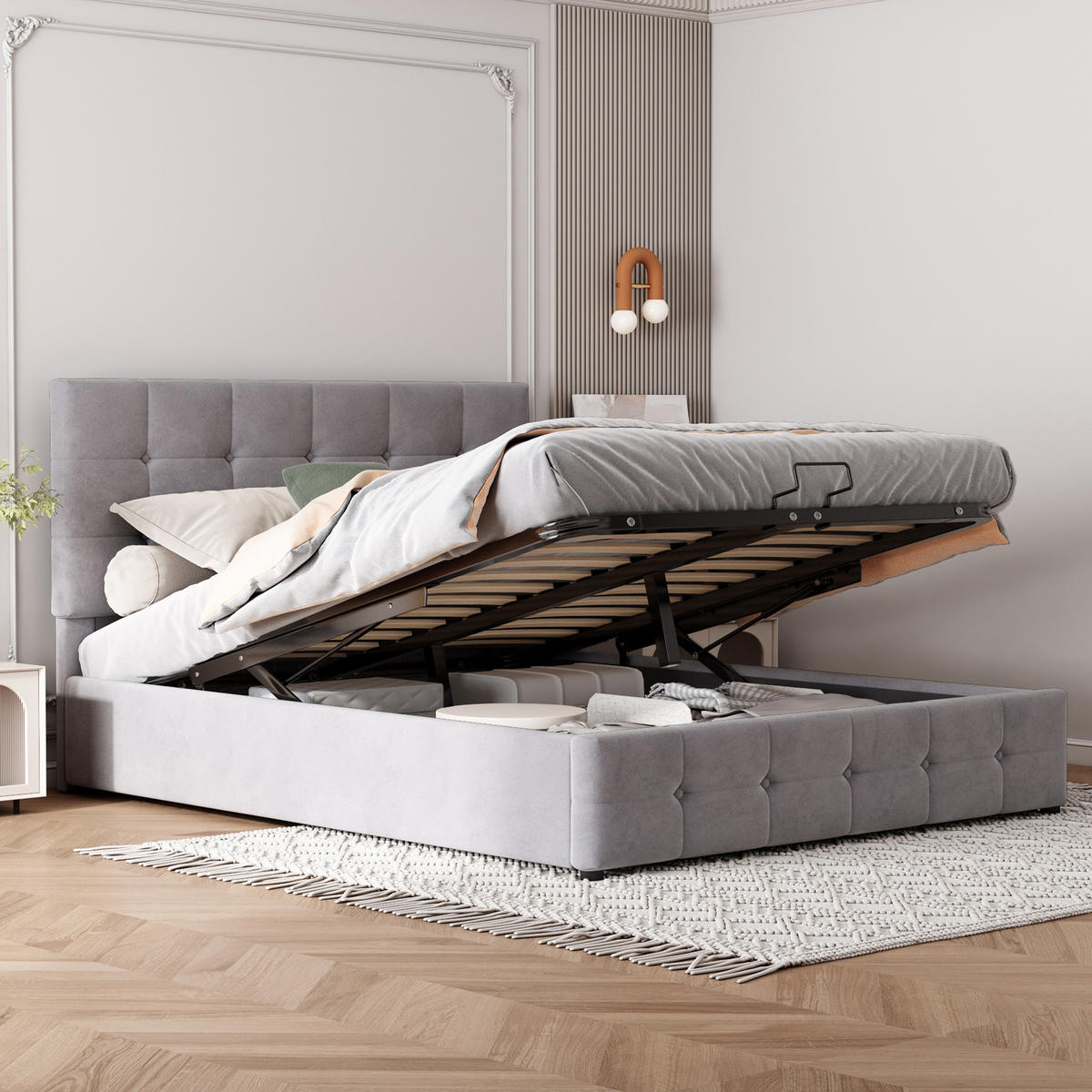 POLSTERBETT mit Stauraum 203 x 140 cm Samt Grau - Grau, Metall (140/200cm) - Meubliv