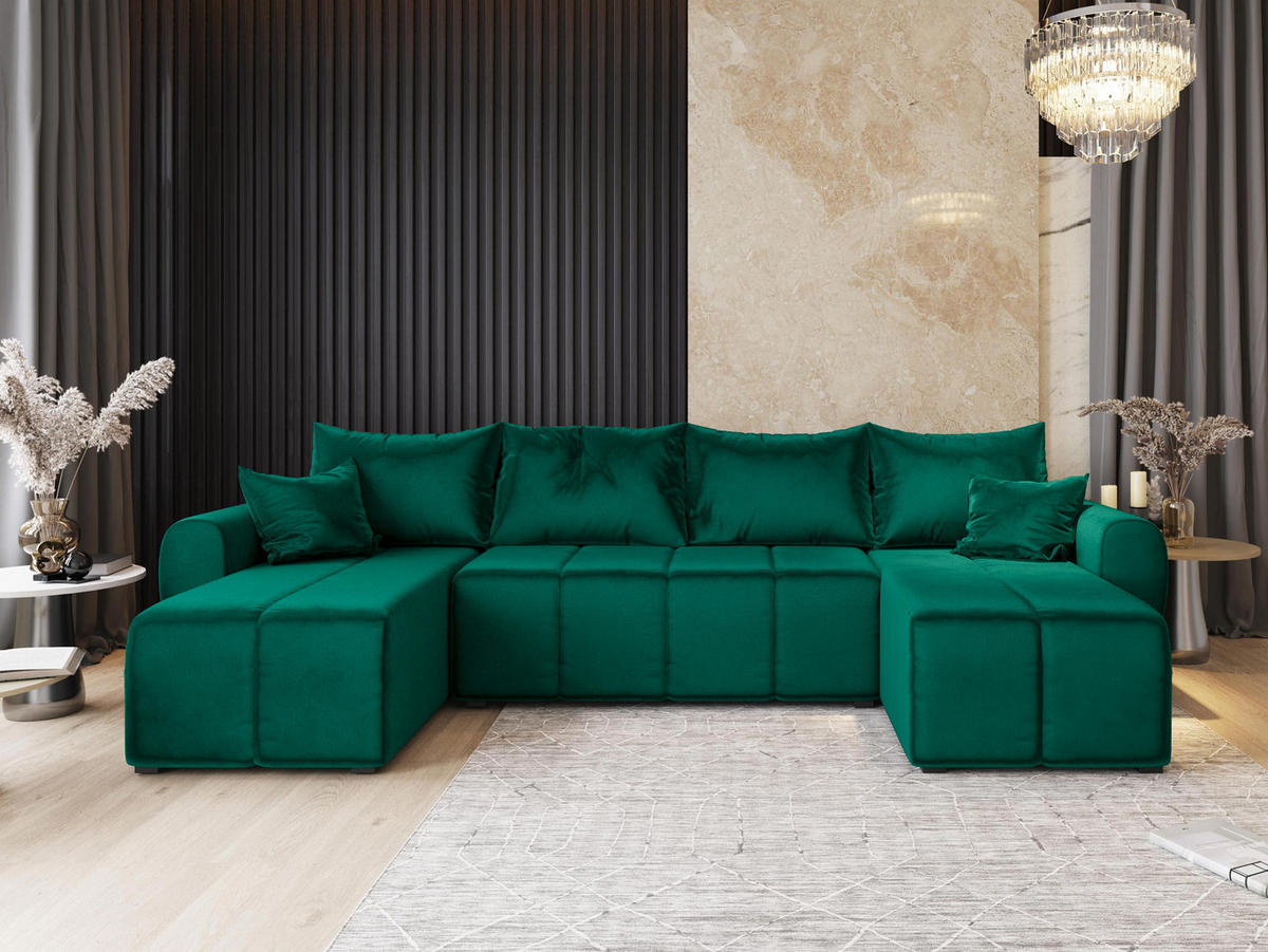 WOHNLANDSCHAFT MADISON U Grün Plüsch-Stoff mit Schlaffunktion - Grün, Holz (311/82/145cm) - MASSENO