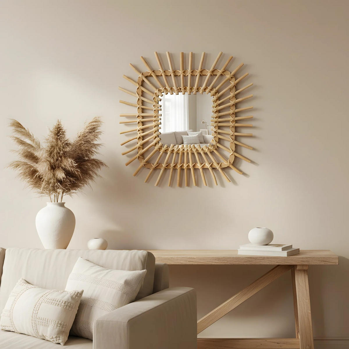 BOHO-WANDSPIEGEL Rea 45cm Qdj071 - Beige, Glas (45/2.5/45cm) - REA
