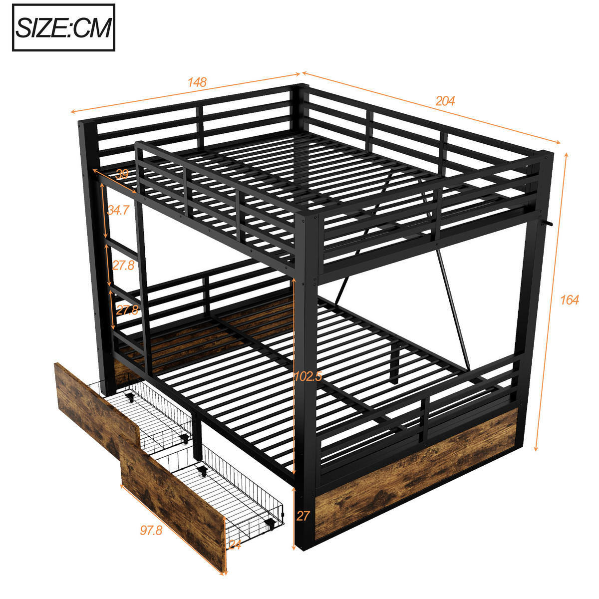 ETAGENBETT 140x200cm Metall Schubladen Sicherheitsleiter Schwarz - Schwarz, Metall (140/200cm) - FLIEKS