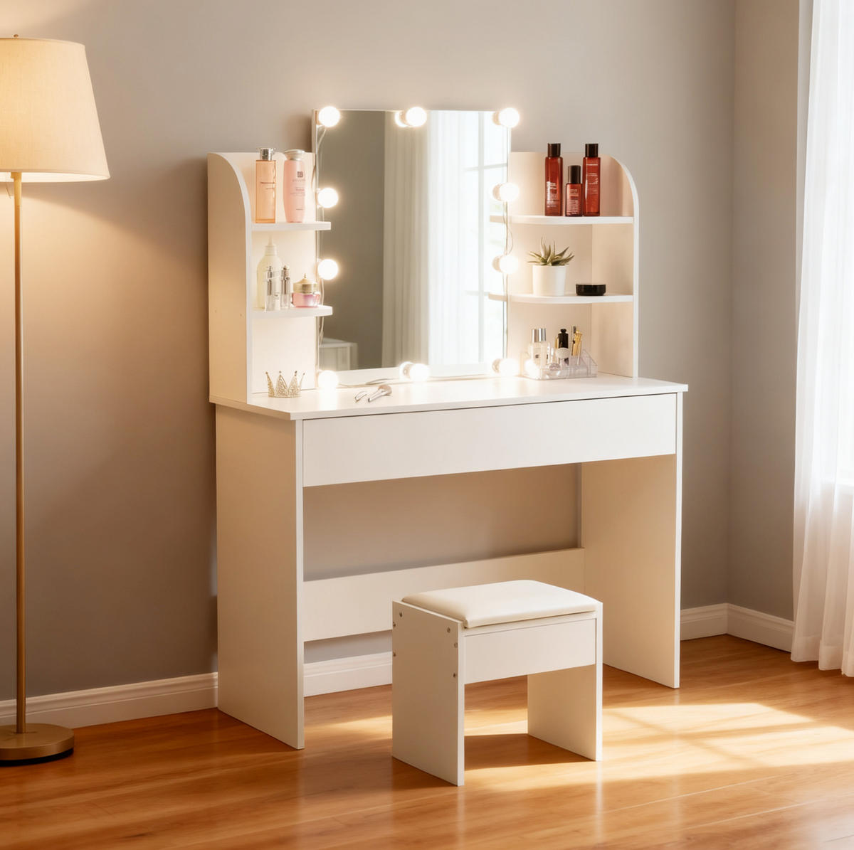 SCHMINKTISCH aus MDF 105x40x130 cm Weiß mit LED-Beleuchtung, 3-teiligem Spiegel und viel Stauraum - Weiß, Holzwerkstoff (105/130/40cm) - Modfu