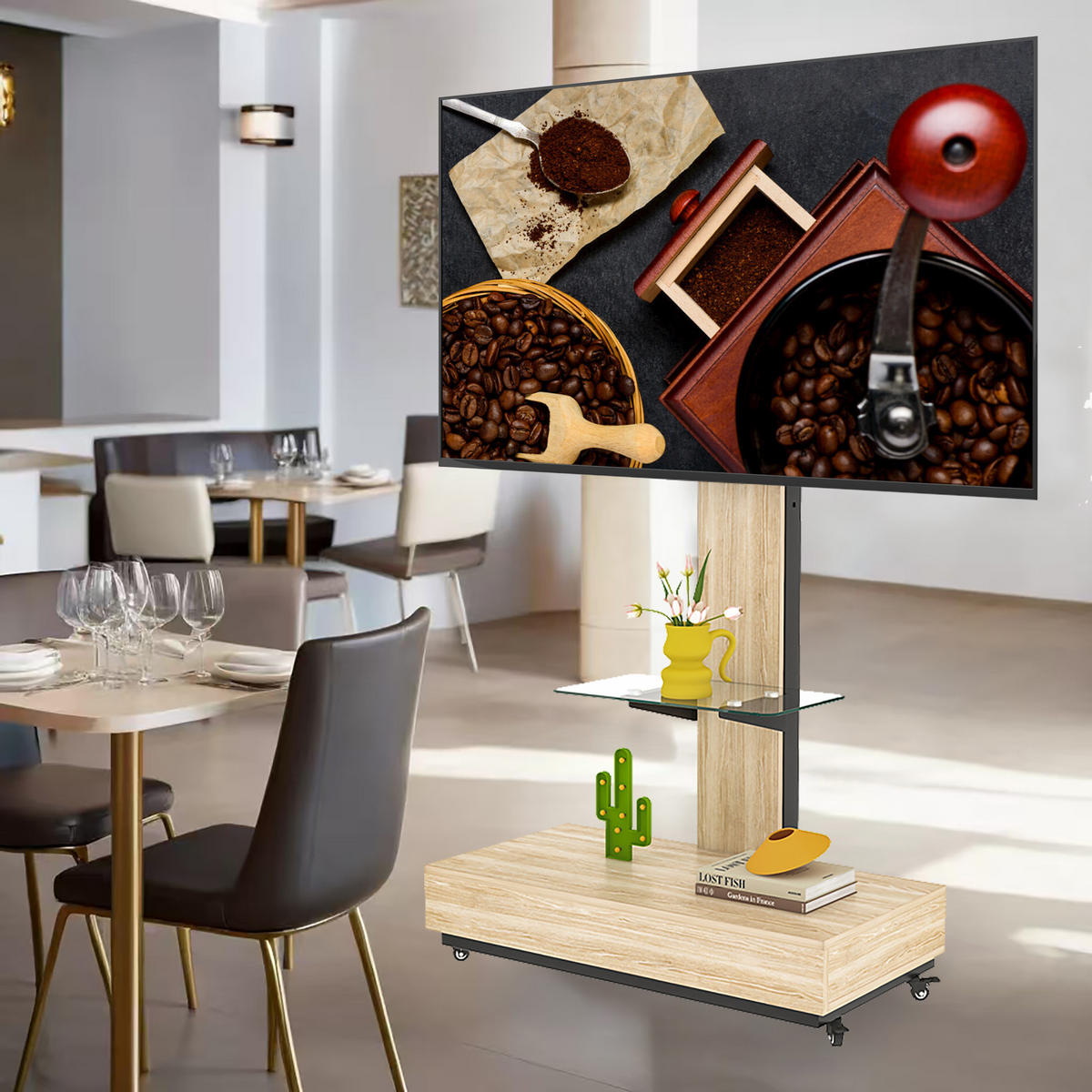 TV-HALTERUNG auf Rollen für 32–75 Zoll – höhenverstellbar & schwenkbar - Hellbraun, Holzwerkstoff (80/150/40cm) - BEAOK