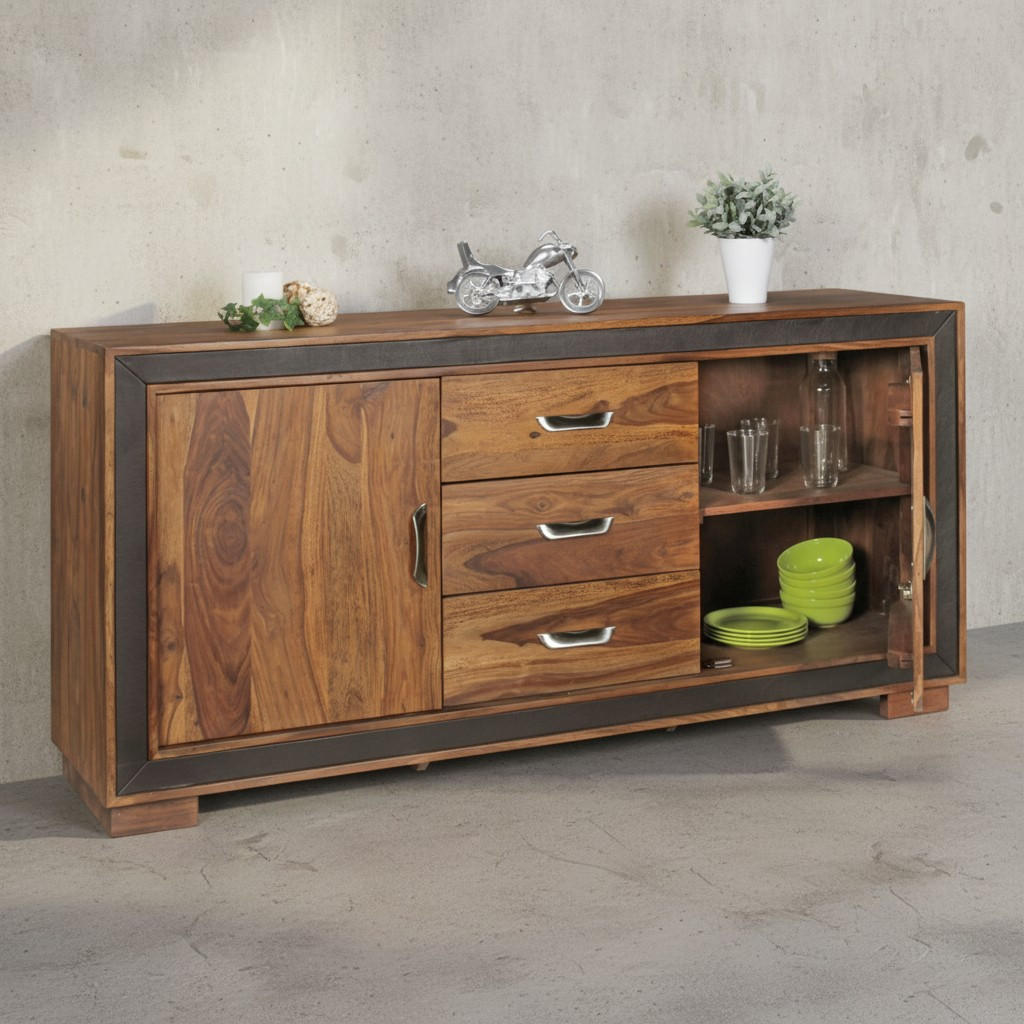 SIDEBOARD – Massivholz, Kunstleder, 160x44x80 cm, rustikal - Braun, Holz (160/80/44cm) - KADIMA DESIGN