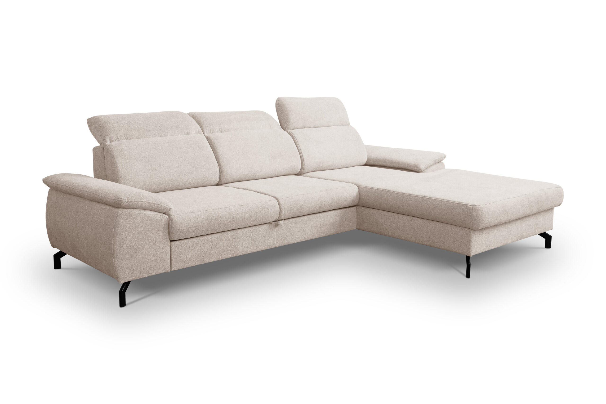 ECKSOFA MALIBU mit Schlaffunktion und Bettkasten, Farbe: Beige, Velourstoff, Ottomane Rechts - Beige, Textil (276/184cm) - VENASI MÖBEL