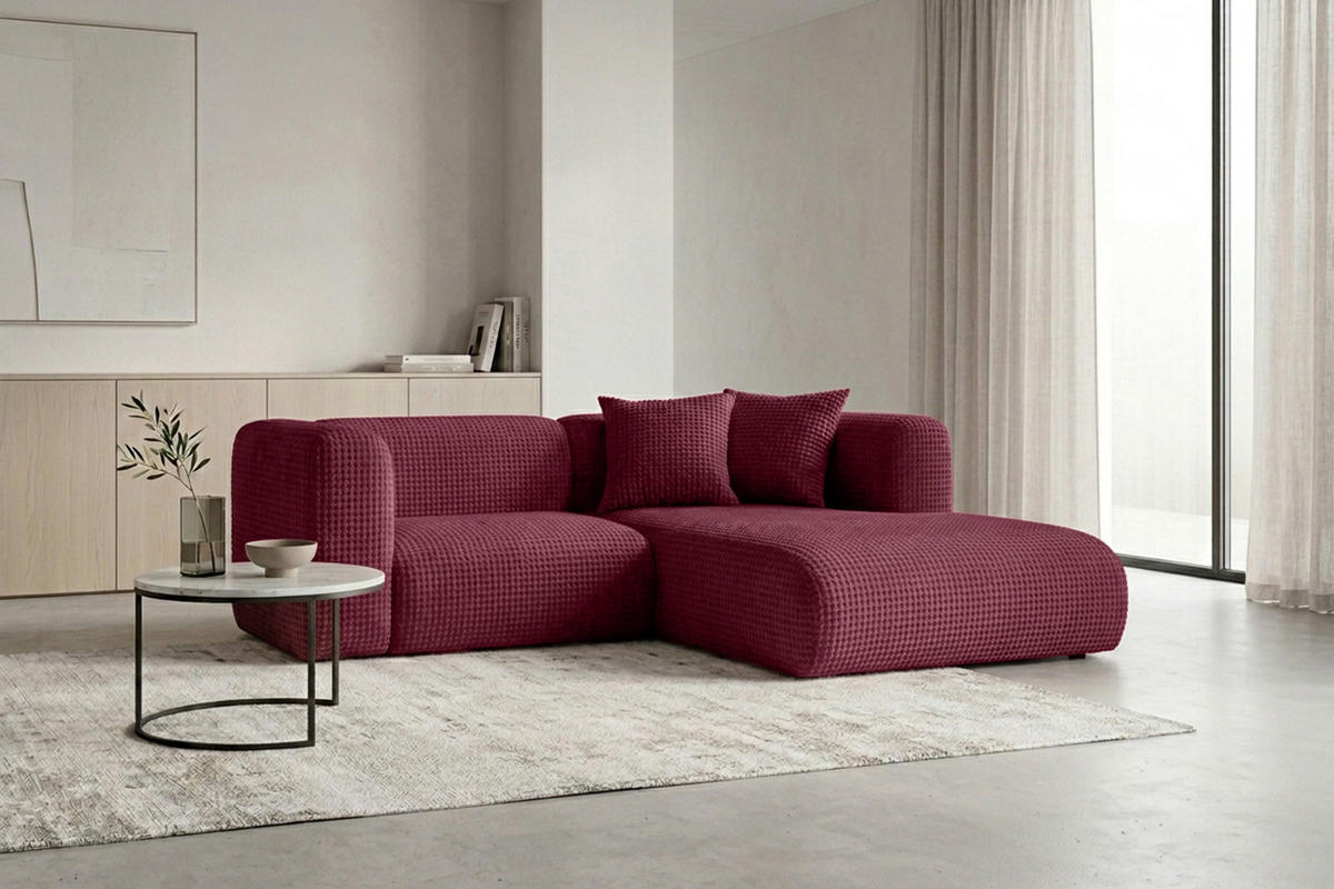 ECKSOFA L-Form mini, Chenille-Stoff Cremona, Rotwein, Rechts, GRETA - Weinrot, Holz (226/179cm) - Kaiser Möbel