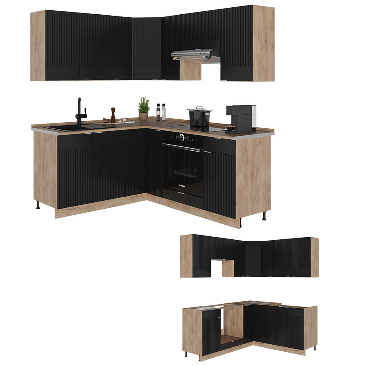 ECKKÜCHE Fame-Line, Schwarz gestreift/Goldkraft Eiche, 160 x 190 cm, AP Eiche - Honigeiche/Schwarz, Holzwerkstoff (190/81.6/60cm) - Vicco