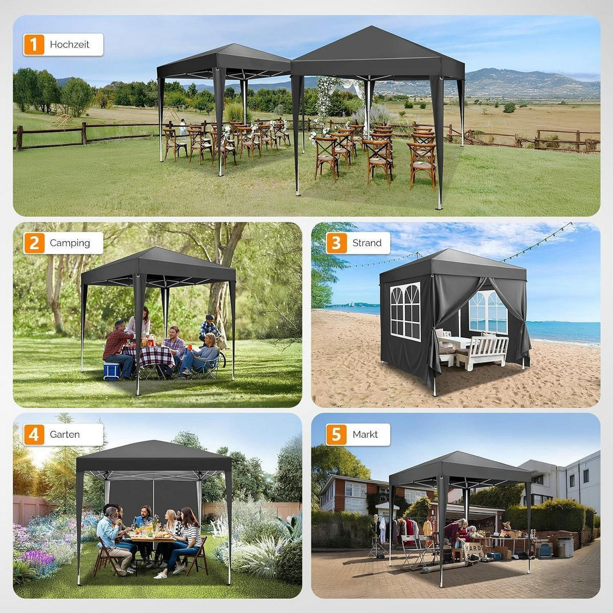 FALTPAVILLON 2 x 2 m Grau mit 4 Seitenteilen - Schwarz, Metall (200/245/200cm)