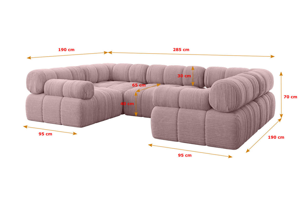 WOHNLANDSCHAFT modulares Sofa Birno-U1 - 285x190x70 cm Rosa Cord - Rosa, Holzwerkstoff/Textil (285/70/190cm) - ALTDECOR