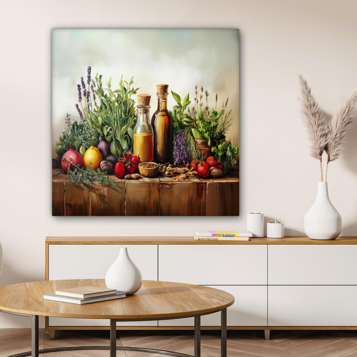 LEINWANDBILD Stilleben - Kräuter - Gewürze - Früchte - Farbenfroh 90x90 cm - Grün, Textil (90/90cm) - MuchoWow