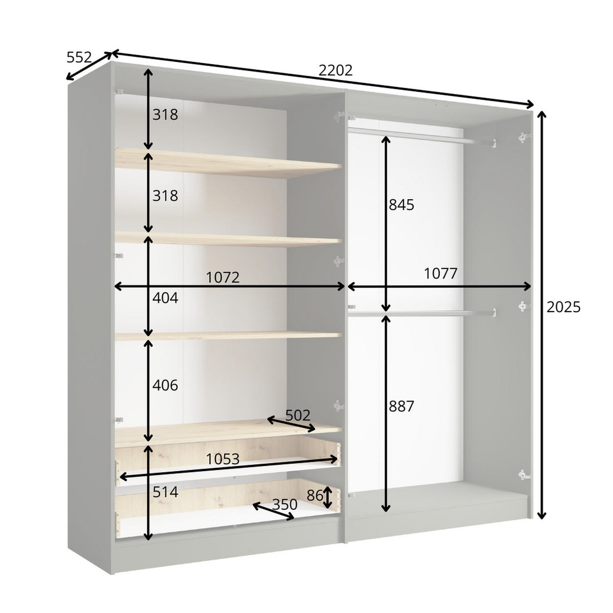 KLEIDERSCHRANK Graphit, Eiche Artisan 220/203/55 - Eiche Artisan, Holzwerkstoff (220/203/55cm) - RAUMHIRSCH FURNITURE