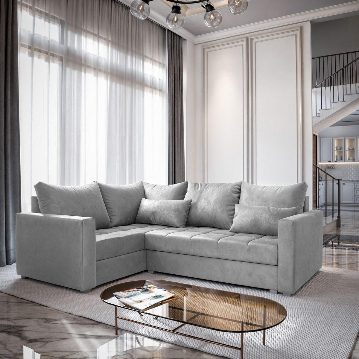 ECKSOFA LIRENO L-S Hellgrau Plüsch-Stoff mit Schlaffunktion - Hellgrau, Holz (220/153cm) - MASSENO